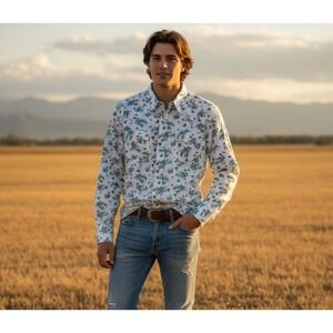 Y2K HOLLISTER Mens Floral Print Long Sleeve Button Down Shirt White Blue Size XL